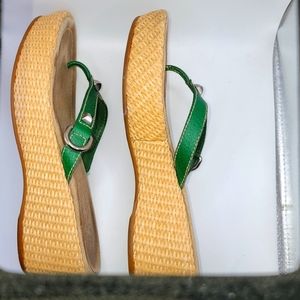 Prada green leather Wedge Sandals Size 37.5. Authentic Certificate Included.